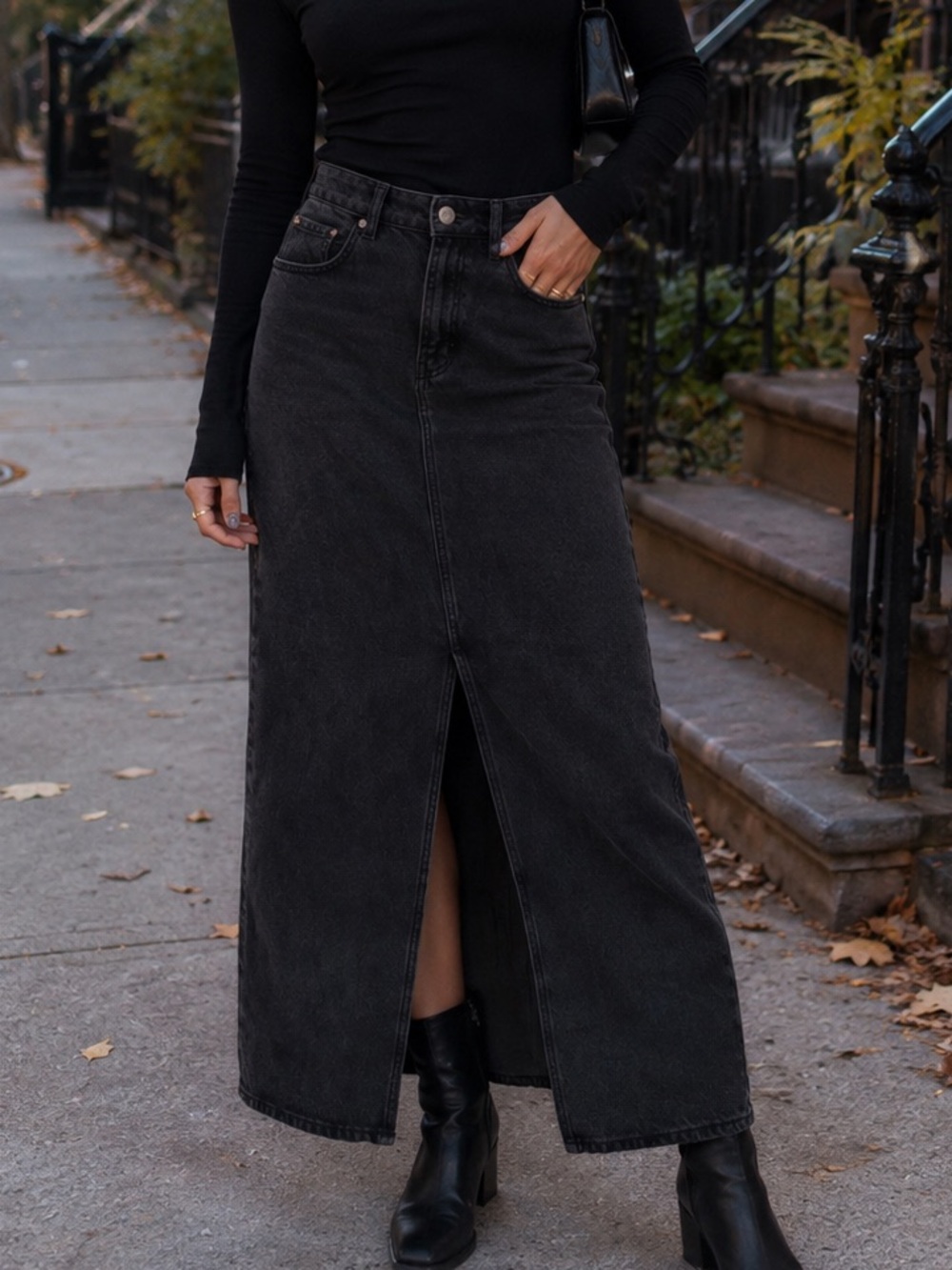 Mango Black Denim Midi Skirt with Front Slit